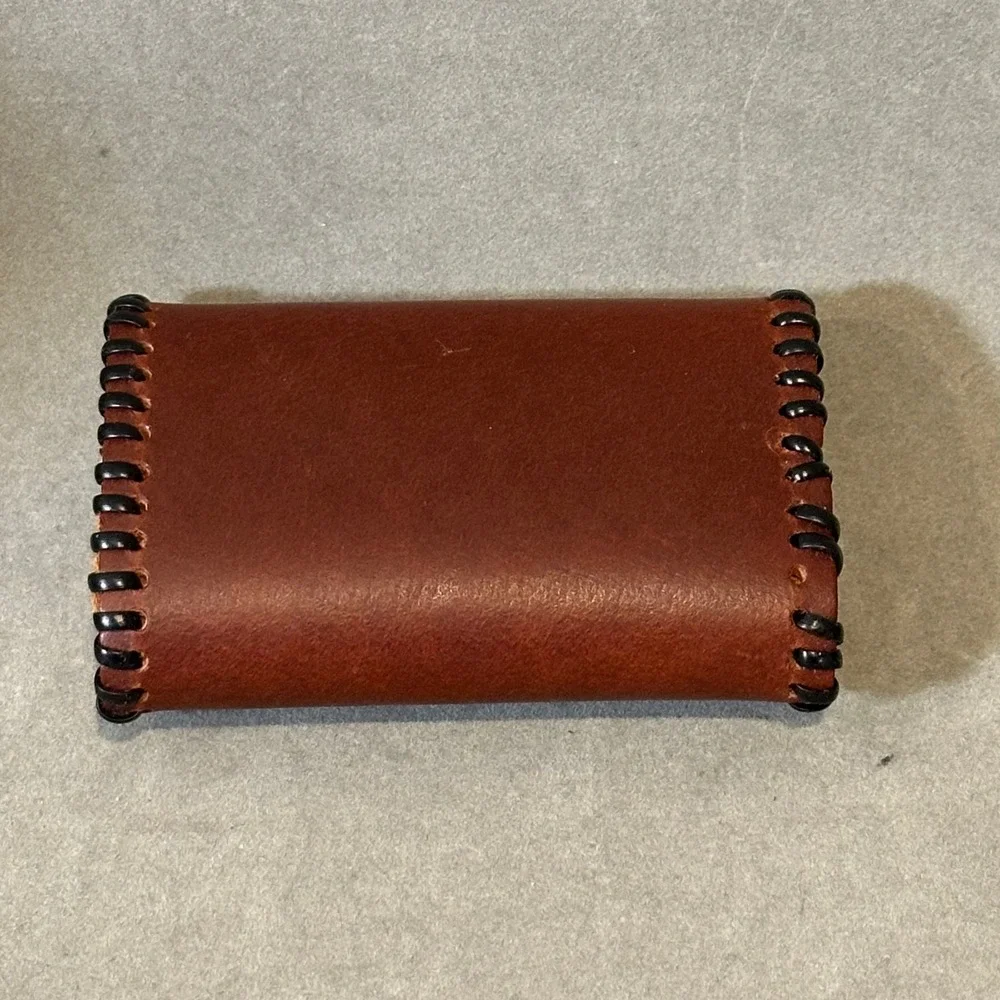 Vintage Brown Leather Key Case 6 Hook Holder Whipstitch Detail Snap Closure